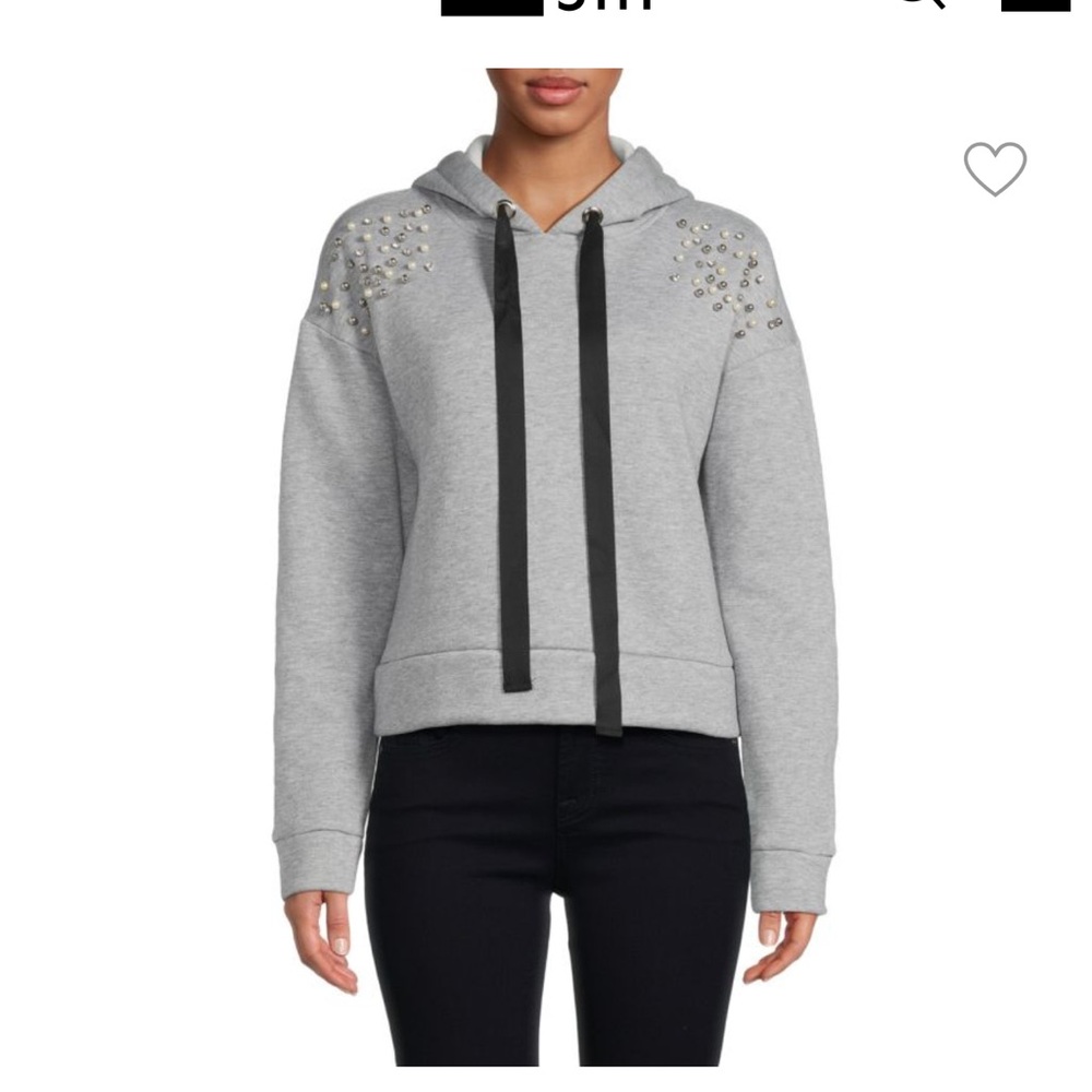 Embellished Gray Hoodie with Black Drawstrings